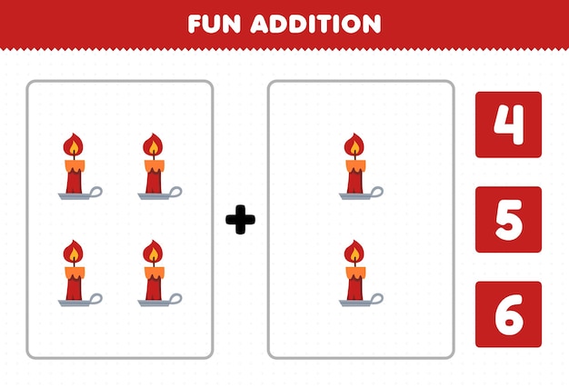 Education game for children fun addition by count and choose the correct answer of cute cartoon red candle halloween printable worksheet