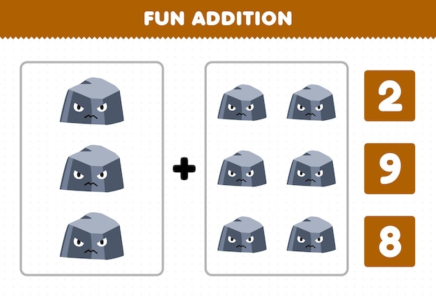 Education game for children fun addition by count and choose the correct answer of cute cartoon rock printable nature worksheet