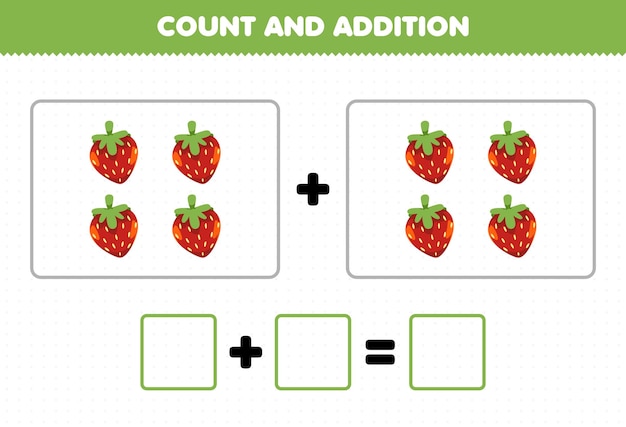 Education game for children fun addition by counting cartoon fruit strawberry pictures worksheet