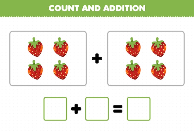 漫画の果物のイチゴの写真のワークシートを数えることによる子供たちの楽しみの追加のための教育ゲーム