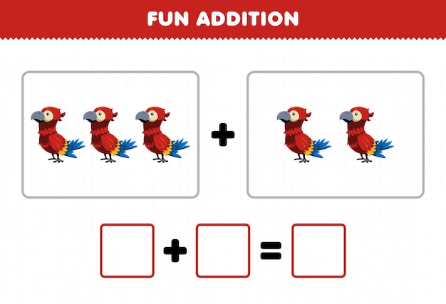 Education game for children fun addition by counting cute cartoon animal parrot pictures worksheet