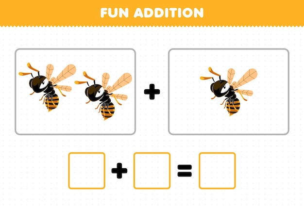 Education game for children fun addition by counting cute cartoon bee wasp pictures printable bug worksheet