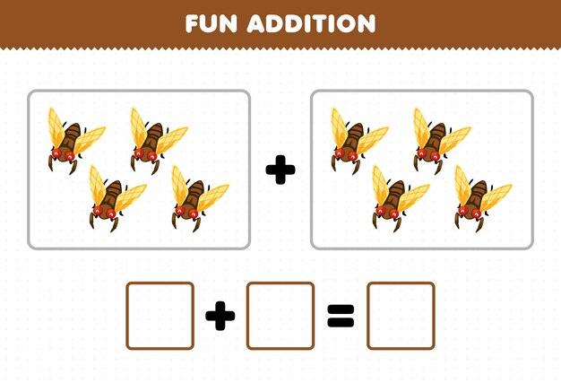 Vector education game for children fun addition by counting cute cartoon cicada pictures printable bug worksheet