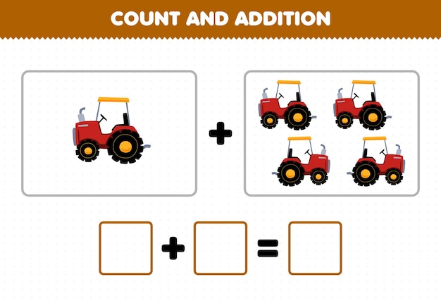 Образовательная игра для детей, забавное дополнение, подсчитывая милые мультяшные фотографии тракторов для печати на ферме.