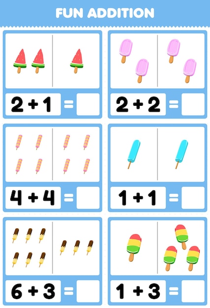 Education game for children fun addition by counting and sum cartoon food popsicle pictures worksheet