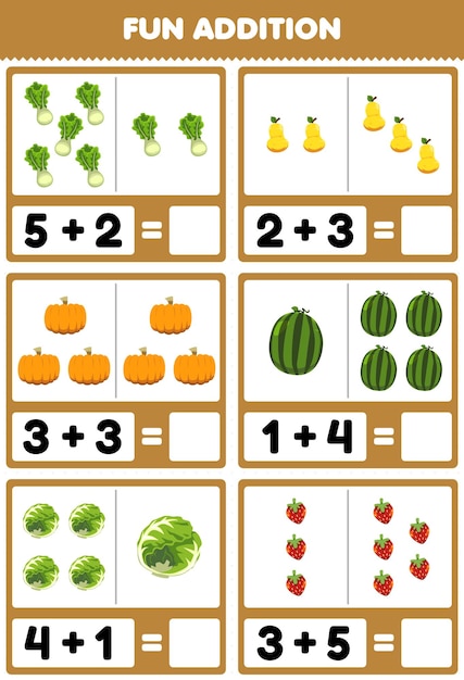 Education game for children fun addition by counting and sum cartoon lettuce pear pumpkin watermelon cabbage strawberry pictures worksheet