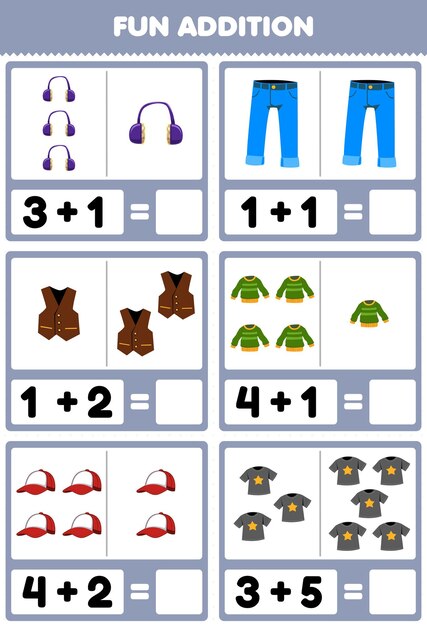 Education game for children fun addition by counting and sum cartoon wearable clothes headphone jean vest sweater cap t shirt pictures worksheet