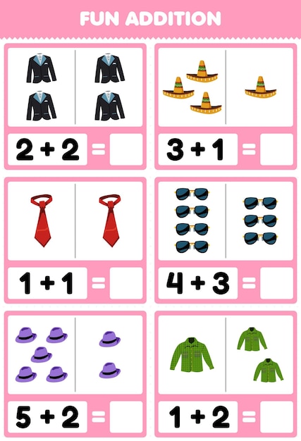 Education game for children fun addition by counting and sum cartoon wearable clothes tuxedo suit sombrero hat tie sunglasses fedora flannel pictures worksheet