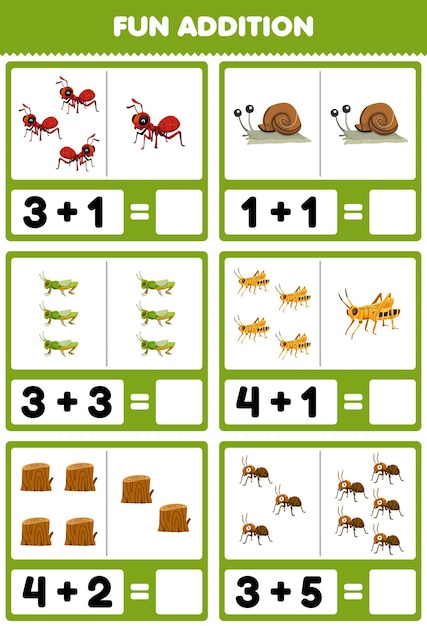 Education game for children fun addition by counting and sum of cute cartoon ant snail grasshopper wood log printable bug worksheet