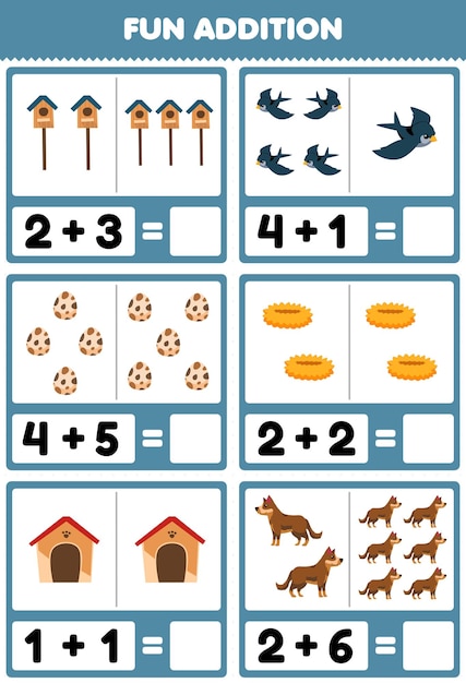 Education game for children fun addition by counting and sum of cute cartoon bird egg nest kennel dog printable farm worksheet