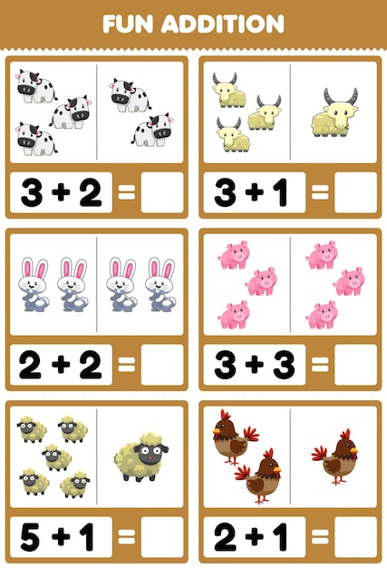 Education game for children fun addition by counting and sum cute cartoon farm animal cow goat rabbit pig sheep chicken pictures worksheet