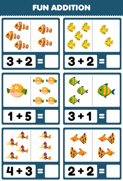 Education game for children fun addition by counting and sum of cute cartoon fish printable underwater worksheet