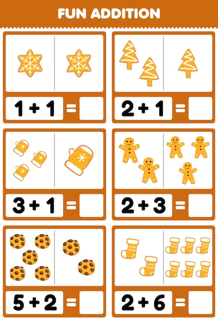 Education game for children fun addition by counting and sum of cute cartoon gingerbread cookie printable winter worksheet