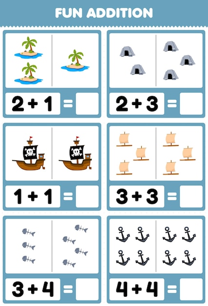 Education game for children fun addition by counting and sum of cute cartoon island cave ship raft fish bone anchor printable pirate worksheet