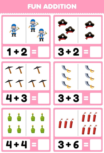 Education game for children fun addition by counting and sum of cute cartoon old man hat pickaxe sword bottle dynamite printable pirate worksheet