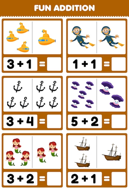 Education game for children fun addition by counting and sum of cute cartoon submarine diver anchor shell mermaid wrecked ship printable underwater worksheet