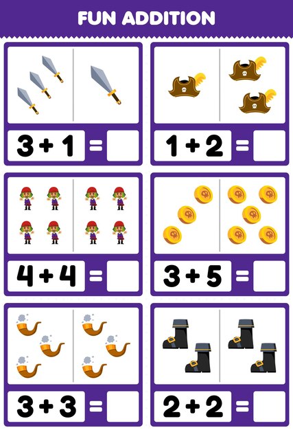 Education game for children fun addition by counting and sum of cute cartoon sword hat man coin pipe boot printable pirate worksheet