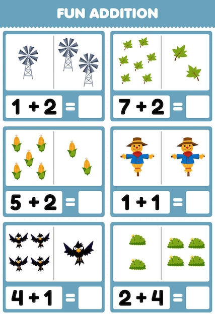 Education game for children fun addition by counting and sum of cute cartoon windmill leaf corn scarecrow crow bush printable farm worksheet