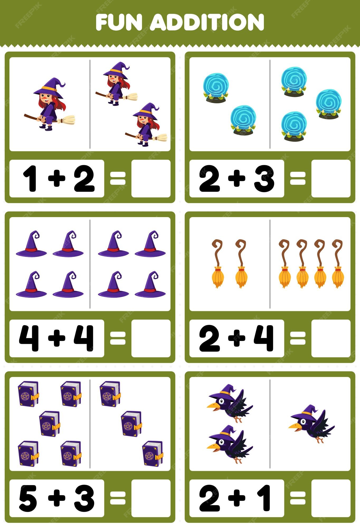 Education game for children count how many cute cartoon witch hat spell  book cauldron and write the number in the box printable halloween worksheet  14660308 Vector Art at Vecteezy