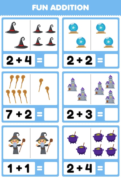 Education game for children fun addition by counting and sum of cute cartoon wizard hat magic orb castle staff cauldron halloween printable worksheet