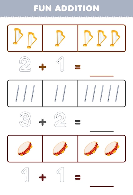 Education game for children fun addition by counting and tracing the number of cartoon harp flute tambourine printable music instrument worksheet