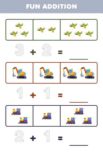 Education game for children fun addition by counting and tracing the number of cute cartoon airplane excavator locomotive train printable transportation worksheet