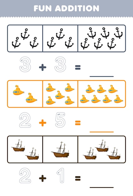 Education game for children fun addition by counting and tracing the number of cute cartoon anchor submarine wrecked ship printable underwater worksheet