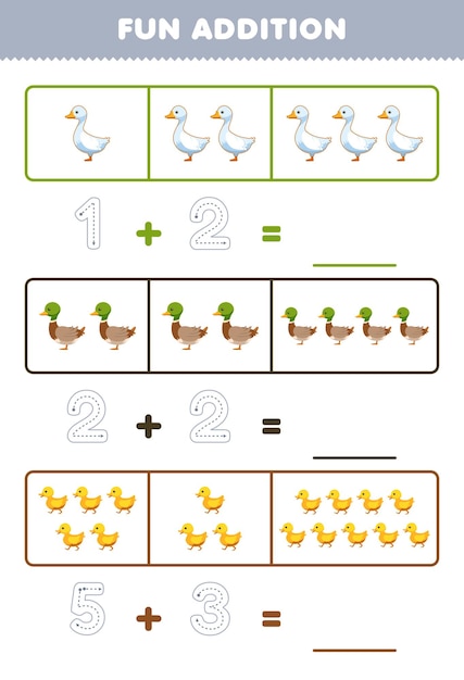 Education game for children fun addition by counting and tracing the number of cute cartoon goose duck duckling printable farm worksheet