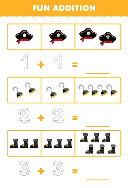 Education game for children fun addition by counting and tracing the number of cute cartoon hat hook and boot printable pirate worksheet