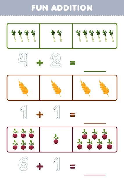 Education game for children fun addition by counting and tracing the number of cute cartoon leek wheat beet printable vegetable worksheet