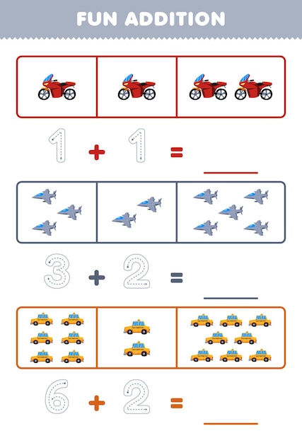 Gioco educativo per bambini divertente aggiunta contando e tracciando il numero di simpatici cartoni animati moto jet fighter taxi stampabile foglio di lavoro di trasporto