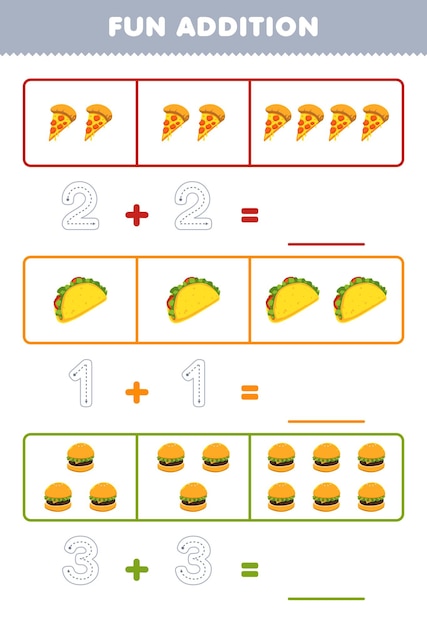 Gioco educativo per bambini divertente aggiunta contando e tracciando il numero di simpatici cartoni animati pizza taco hamburger stampabile foglio di lavoro alimentare