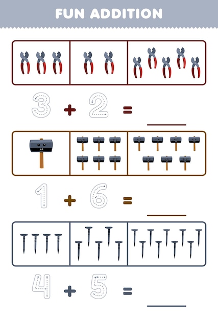 Gioco educativo per bambini aggiunta divertente contando e tracciando il numero di simpatiche pinze dei cartoni animati martello chiodo foglio di lavoro stampabile