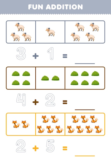 Gioco educativo per bambini divertente aggiunta contando e tracciando il numero di simpatici cartoni animati pecore cespuglio volpe stampabile foglio di lavoro fattoria