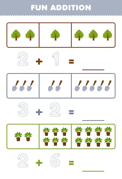 Gioco educativo per bambini divertente aggiunta contando e tracciando il numero di simpatici cartoni animati albero pala pianta stampabile foglio di lavoro fattoria