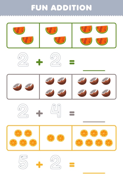 Education game for children fun addition by counting and tracing the number of cute cartoon watermelon coconut orange printable fruit worksheet