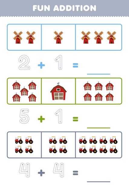 Education game for children fun addition by counting and tracing the number of cute cartoon windmill barn tractor printable farm worksheet