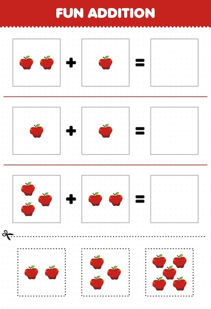 Education game for children fun addition by cut and match cartoon fruit apple pictures worksheet