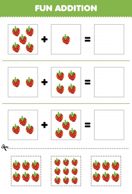 Education game for children fun addition by cut and match cartoon fruit strawberry pictures worksheet