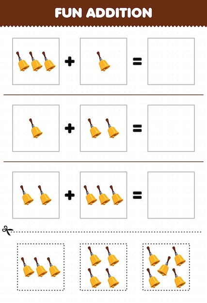 Education game for children fun addition by cut and match cartoon music instrument bell pictures worksheet