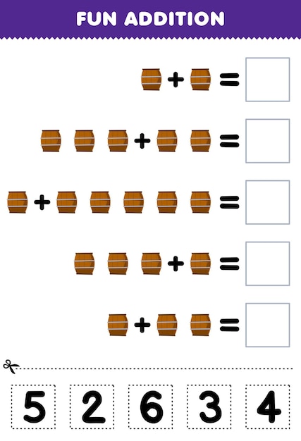 Education game for children fun addition by cut and match correct number for cartoon barrel printable farm worksheet