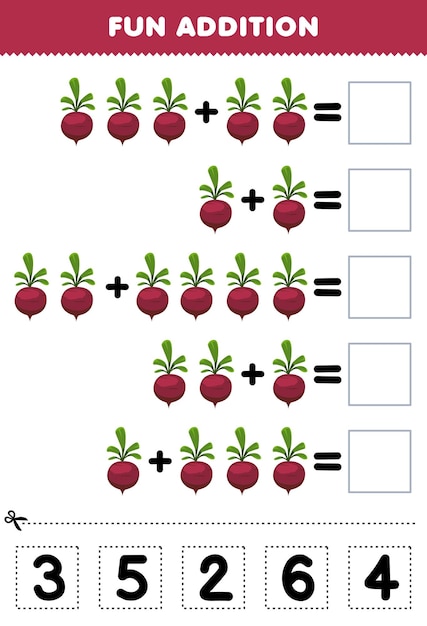 Образовательная игра для детей, забавное добавление путем вырезания и сопоставления правильного числа для листа для печати мультяшной свеклы и овощей