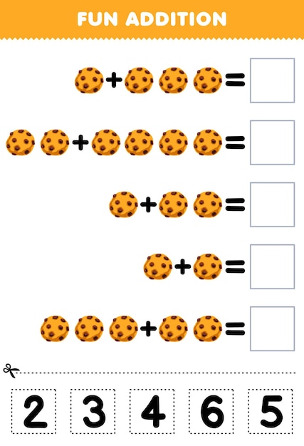 Education game for children fun addition by cut and match correct number for cartoon food cookies printable worksheet