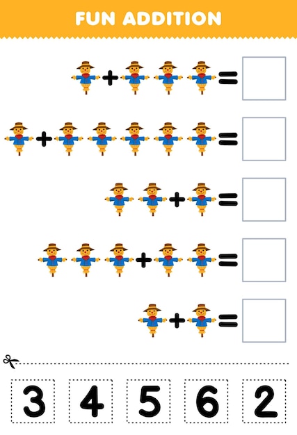 Gioco educativo per bambini divertente aggiunta tagliando e abbinando il numero corretto per il foglio di lavoro della fattoria stampabile dello spaventapasseri dei cartoni animati