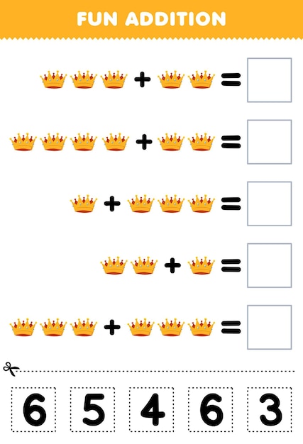 Education game for children fun addition by cut and match correct number for cartoon wearable accessories yellow crown printable worksheet