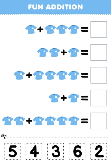 Education game for children fun addition by cut and match correct number for cartoon wearable clothes blue t shirt printable worksheet