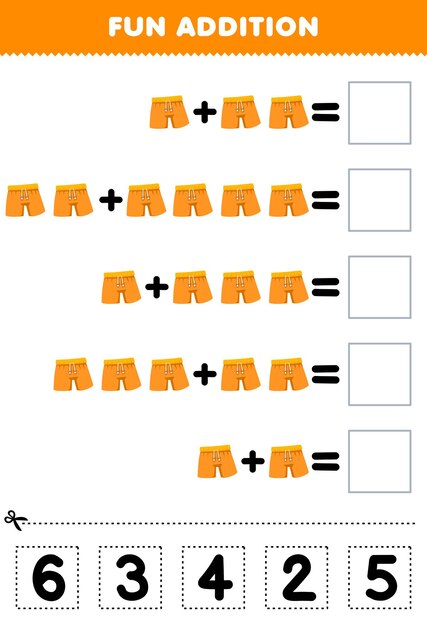 Gioco educativo per bambini divertente aggiunta tagliando e abbinando il numero corretto per i vestiti indossabili dei cartoni animati foglio di lavoro stampabile con pantaloni arancioni