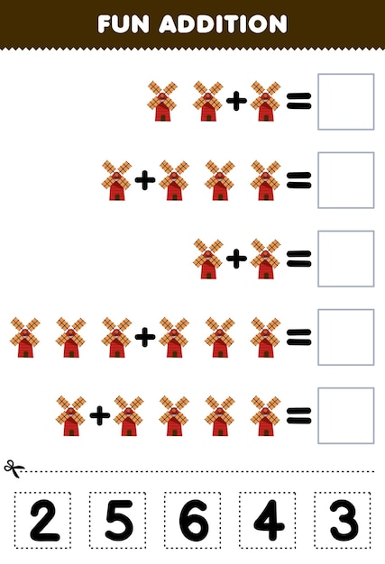 Education game for children fun addition by cut and match correct number for cartoon windmill printable farm worksheet