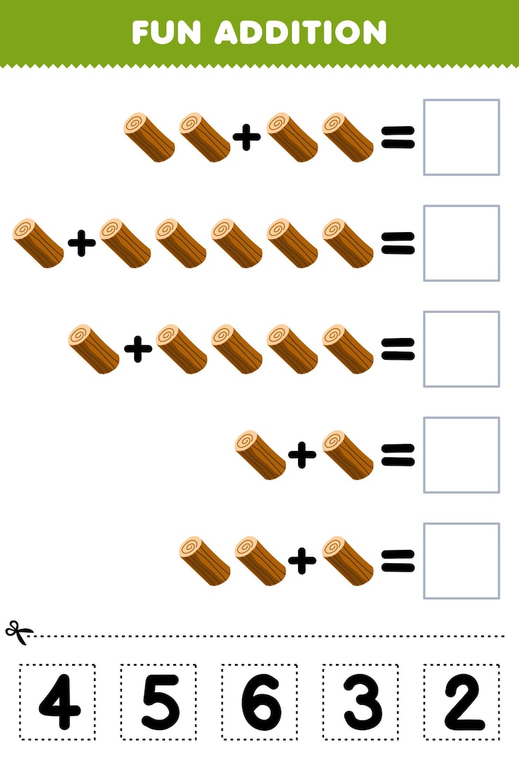 Vector education game for children fun addition by cut and match correct number for cartoon wood log printable farm worksheet