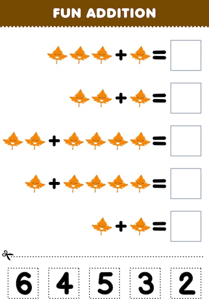 Education game for children fun addition by cut and match correct number for cute cartoon maple leaf printable nature worksheet